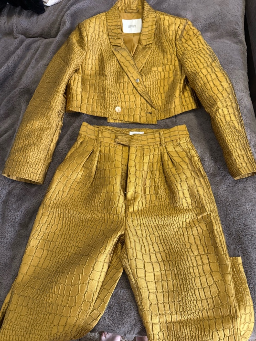 LaPointe Gold Croc-Embossed Cropped Blazer & High-Waist Pants Set